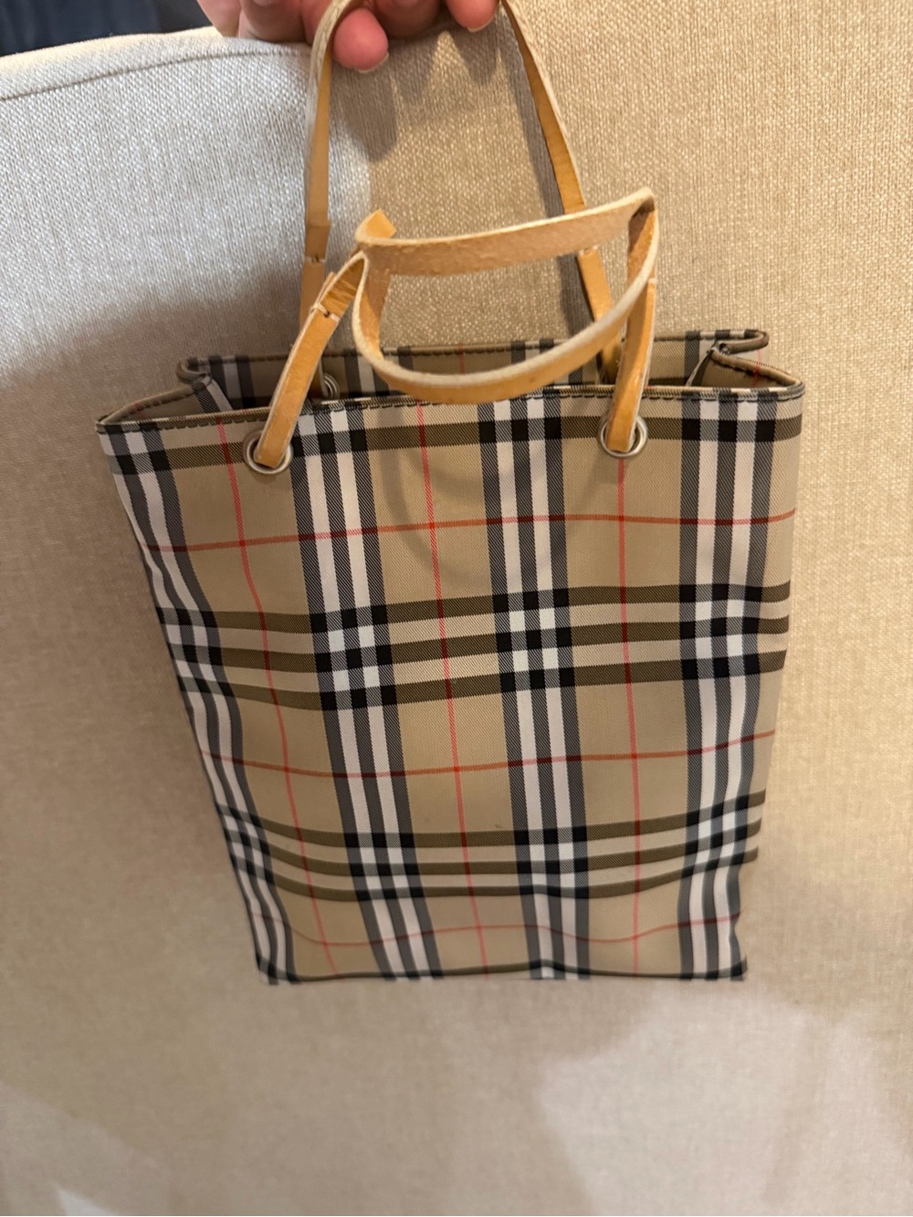 Burberry Beige Check Canvas Mini Tote with Tan Leather Handles